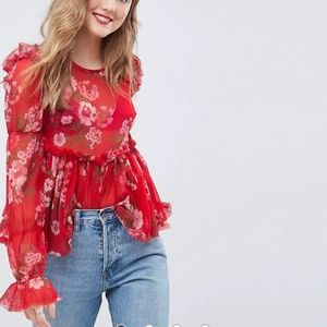 ASOS Ruffle Smock Blouse In Red Floral